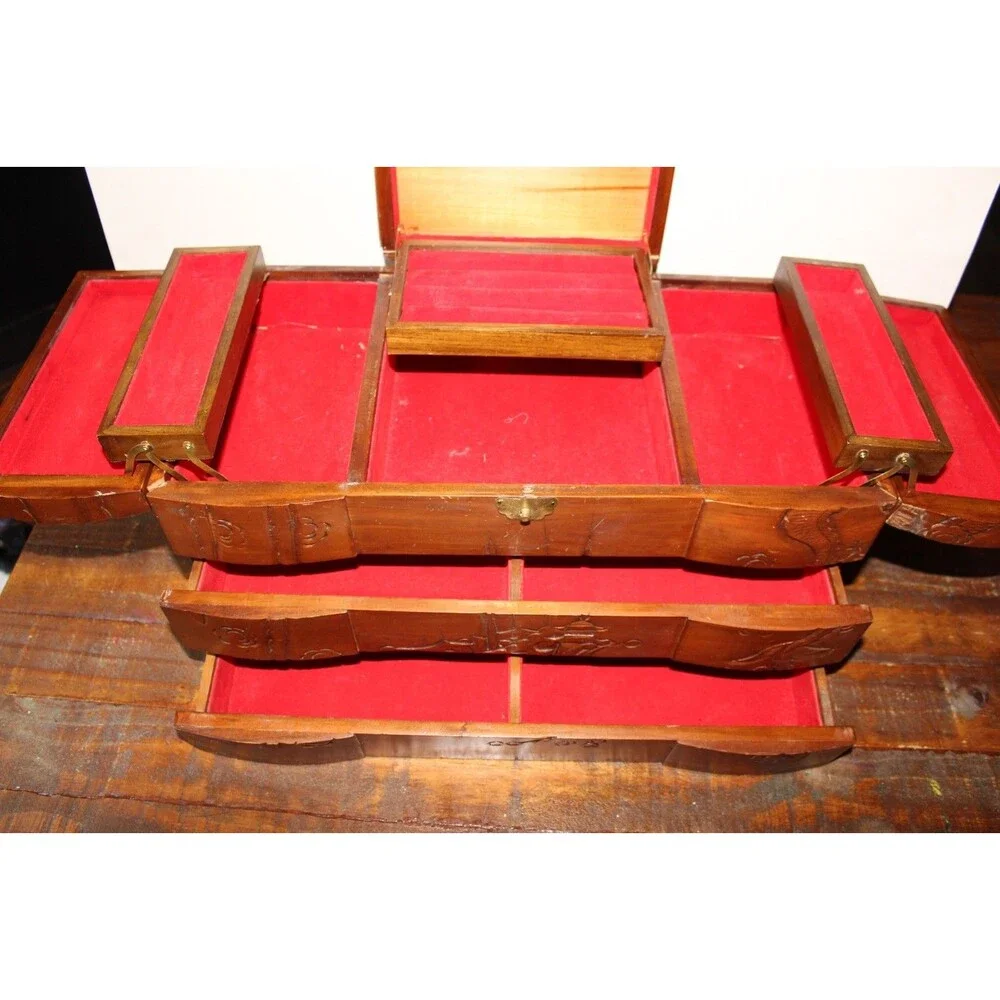 Vintage Asian Wood Carved Large Jewelry Box Dragon Red Velvet Lining SEE NOTE